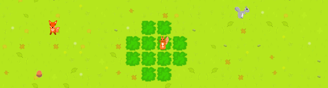 Screenshot of 'get dem nuts' showing the red squirrel protagonist in a tree, with a grey squirrel and fox NPCs running around the grass below